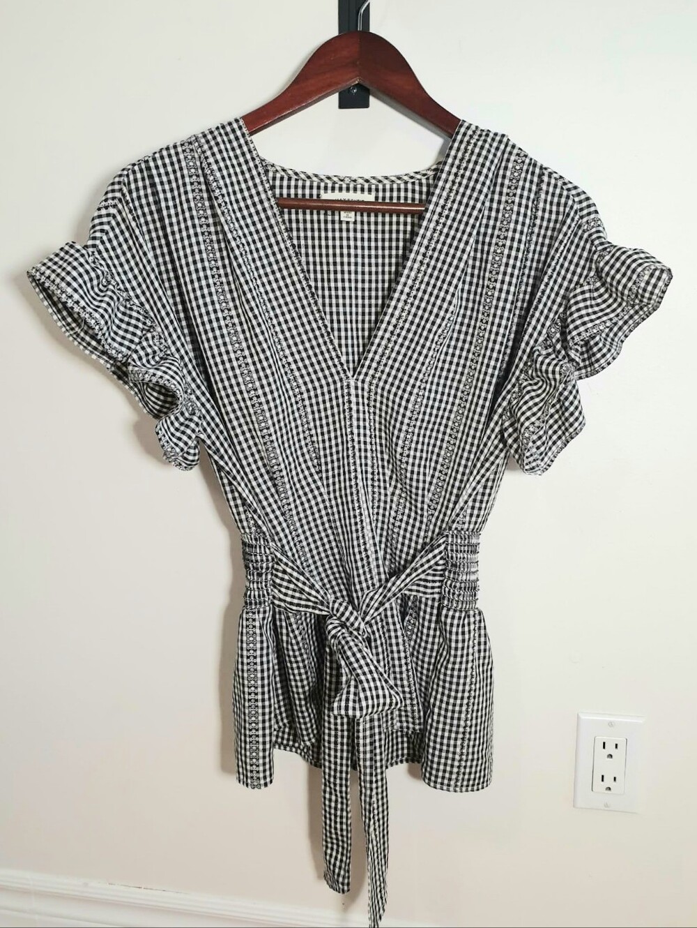Max Studio Gingham Flutter Sleeve Tie Waist Peplum Top Medium